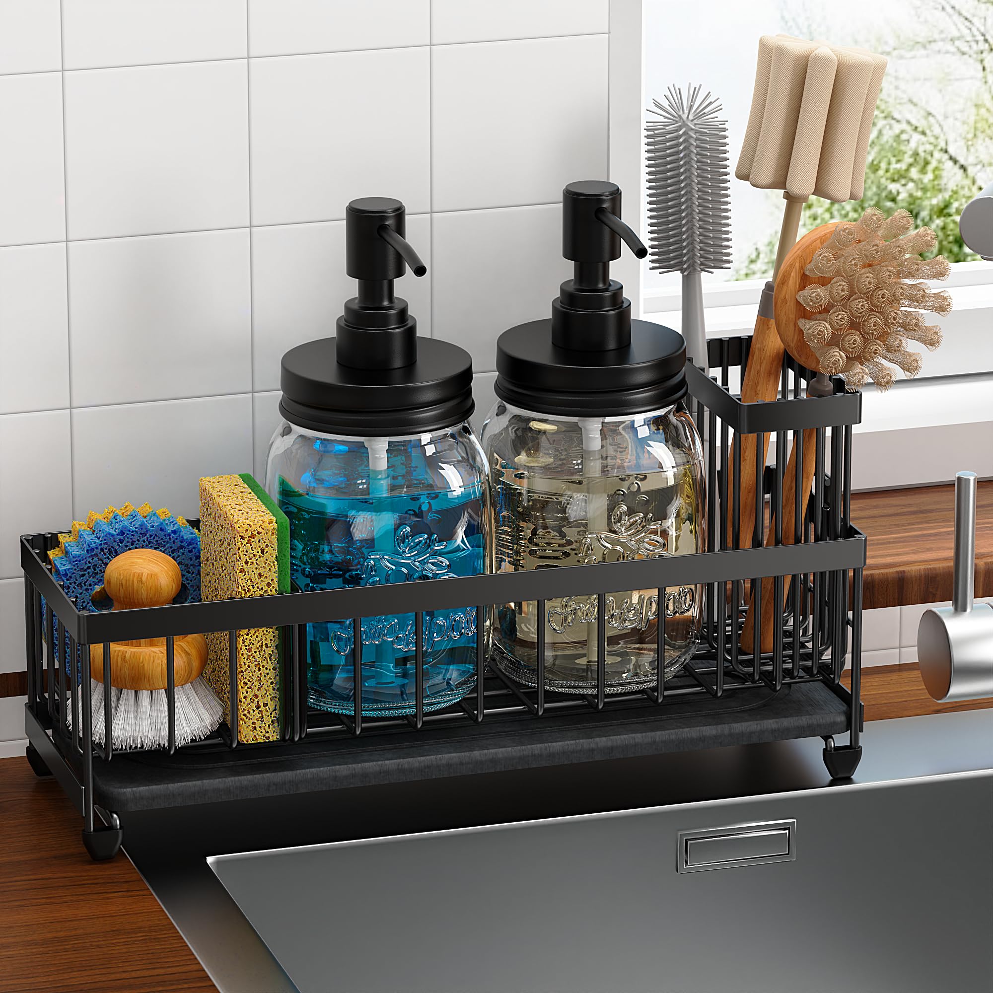 galasily Mason Jar liquid soap dispenser set with sink caddy for organized kitchen or bathroom use