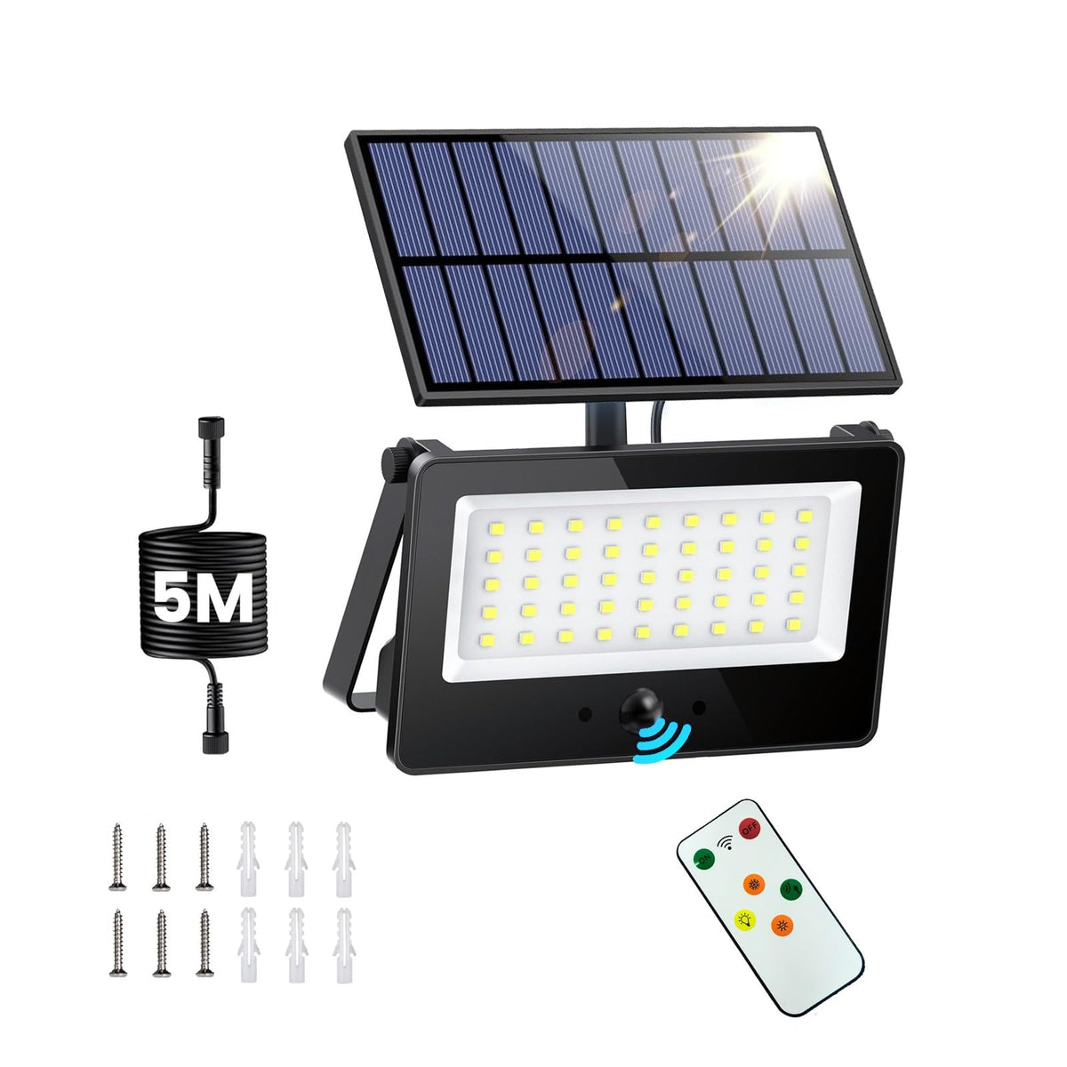 Galavasen solar motion flood light, front view for outdoor security and wide coverage.