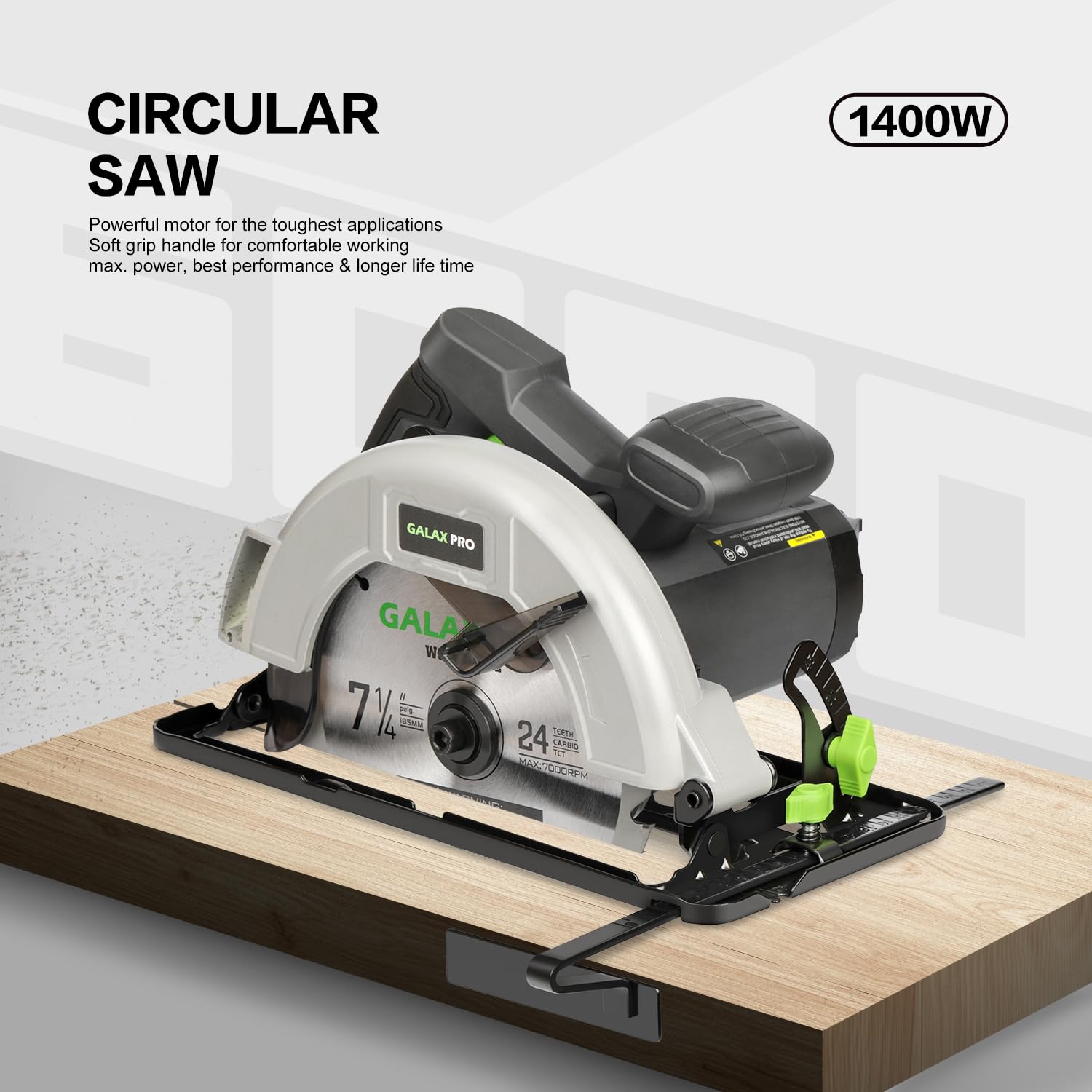 GALAX PRO 11-amp circular saw bevel scale shows adjustable angles for accuracy