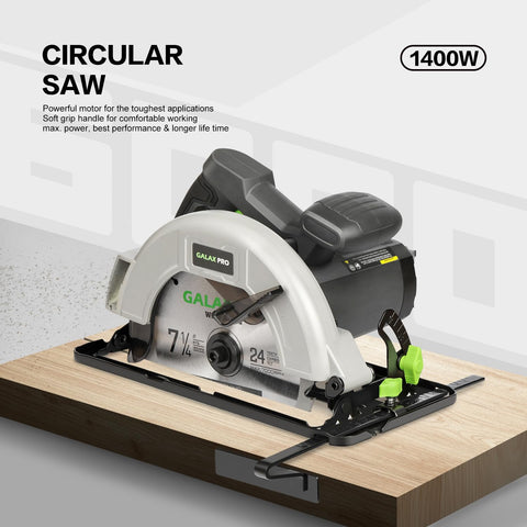 GALAX PRO 11-amp circular saw bevel scale shows adjustable angles for accuracy