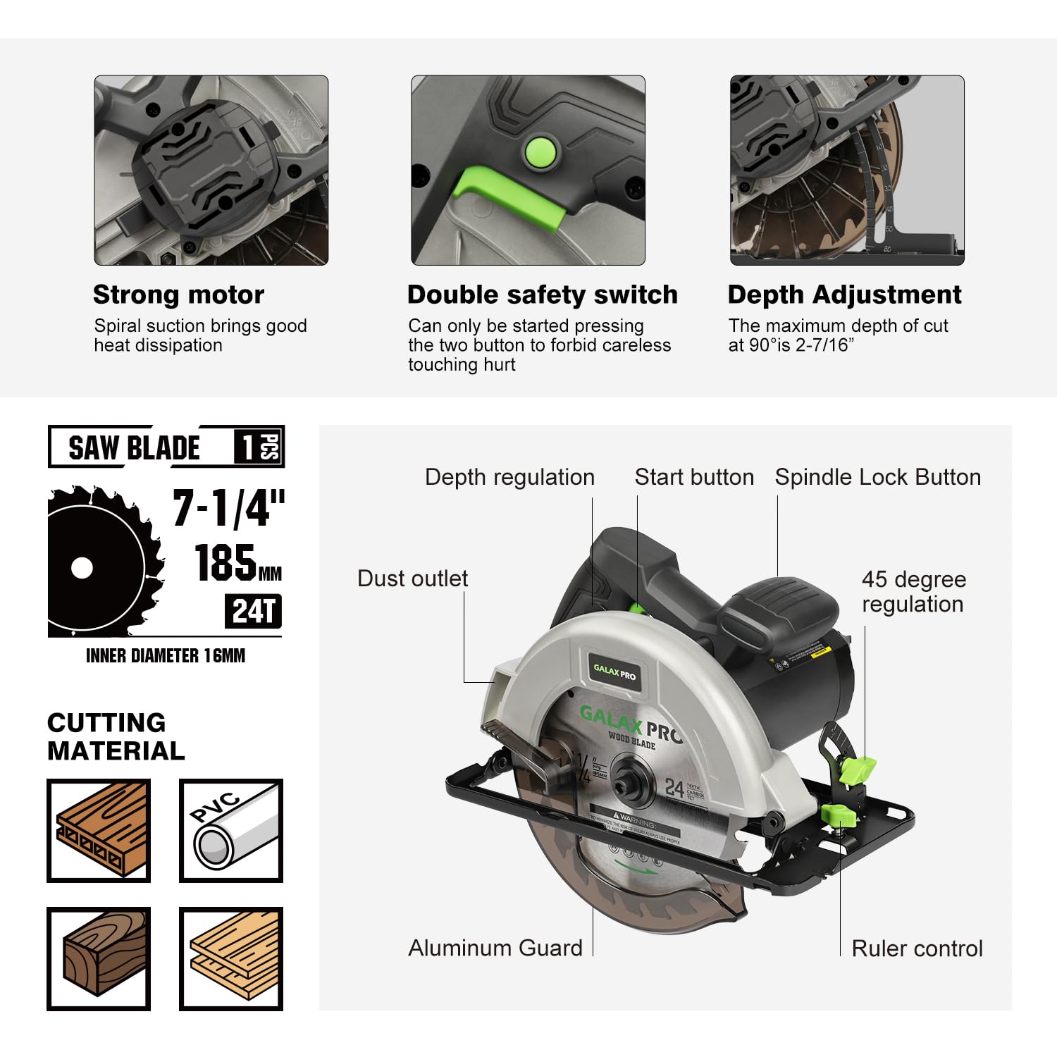 GALAX PRO 11-amp circular saw depth adjustment enables versatile cuts