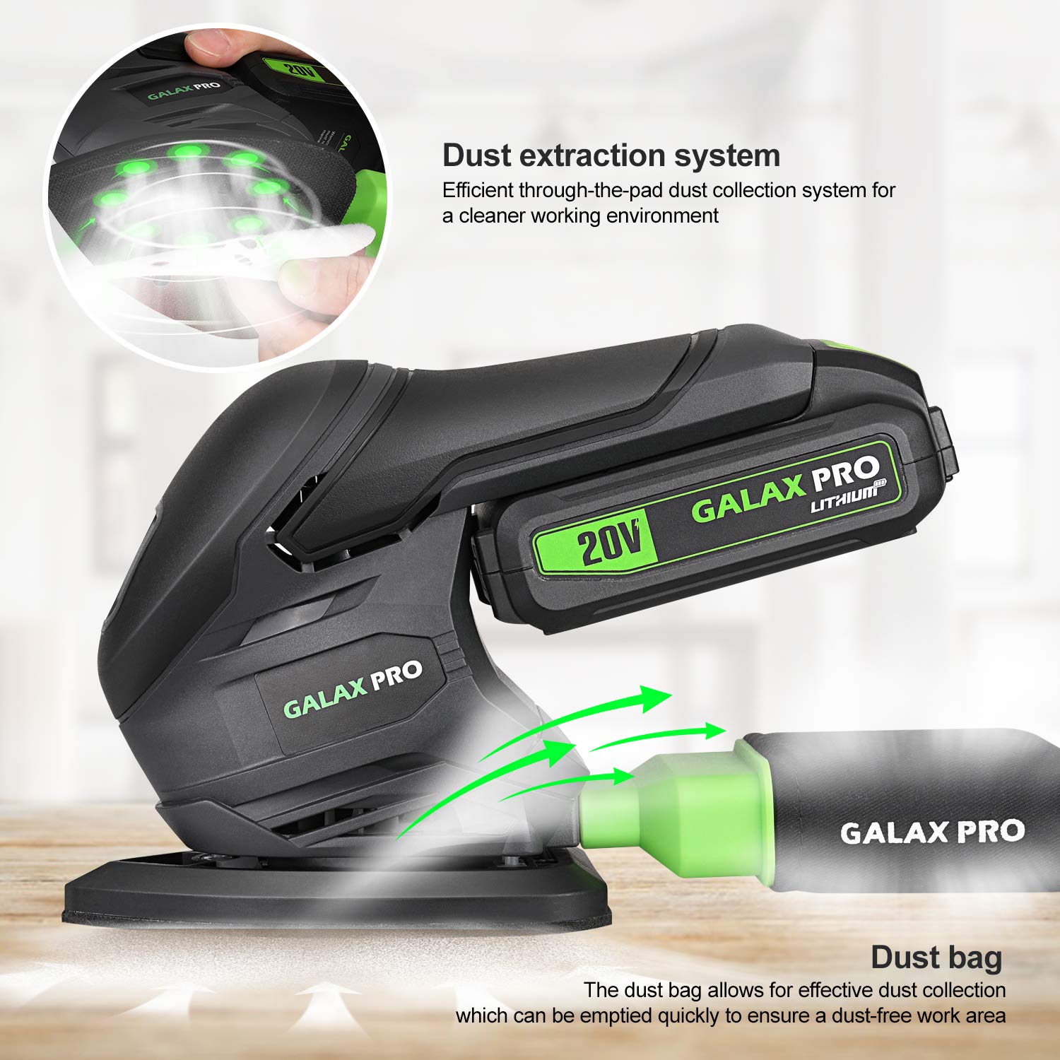 GALAX PRO detail sander delivers up to 12000 RPM for faster material removal.