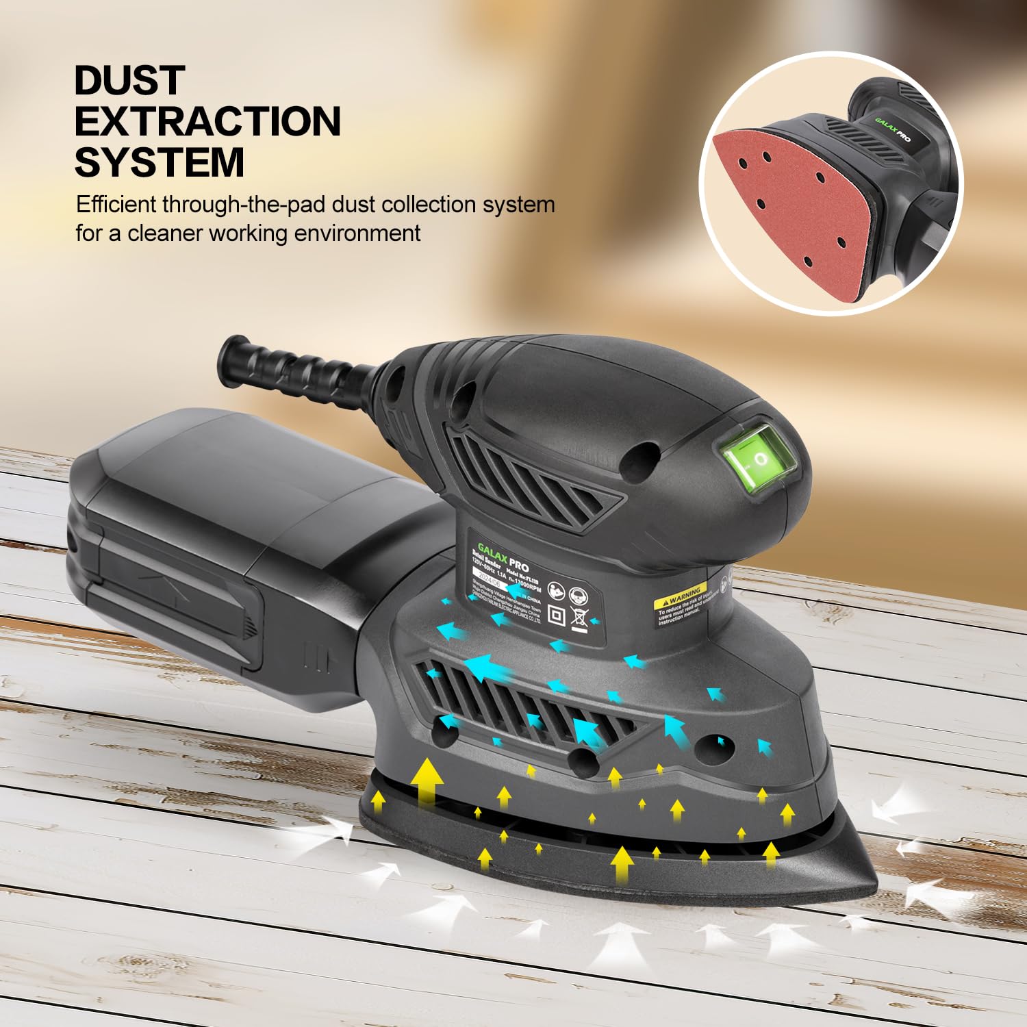 Dust box on GALAX PRO Detail Sander demonstrates secure attachment.