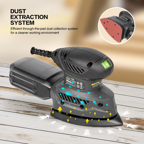 Dust box on GALAX PRO Detail Sander demonstrates secure attachment.