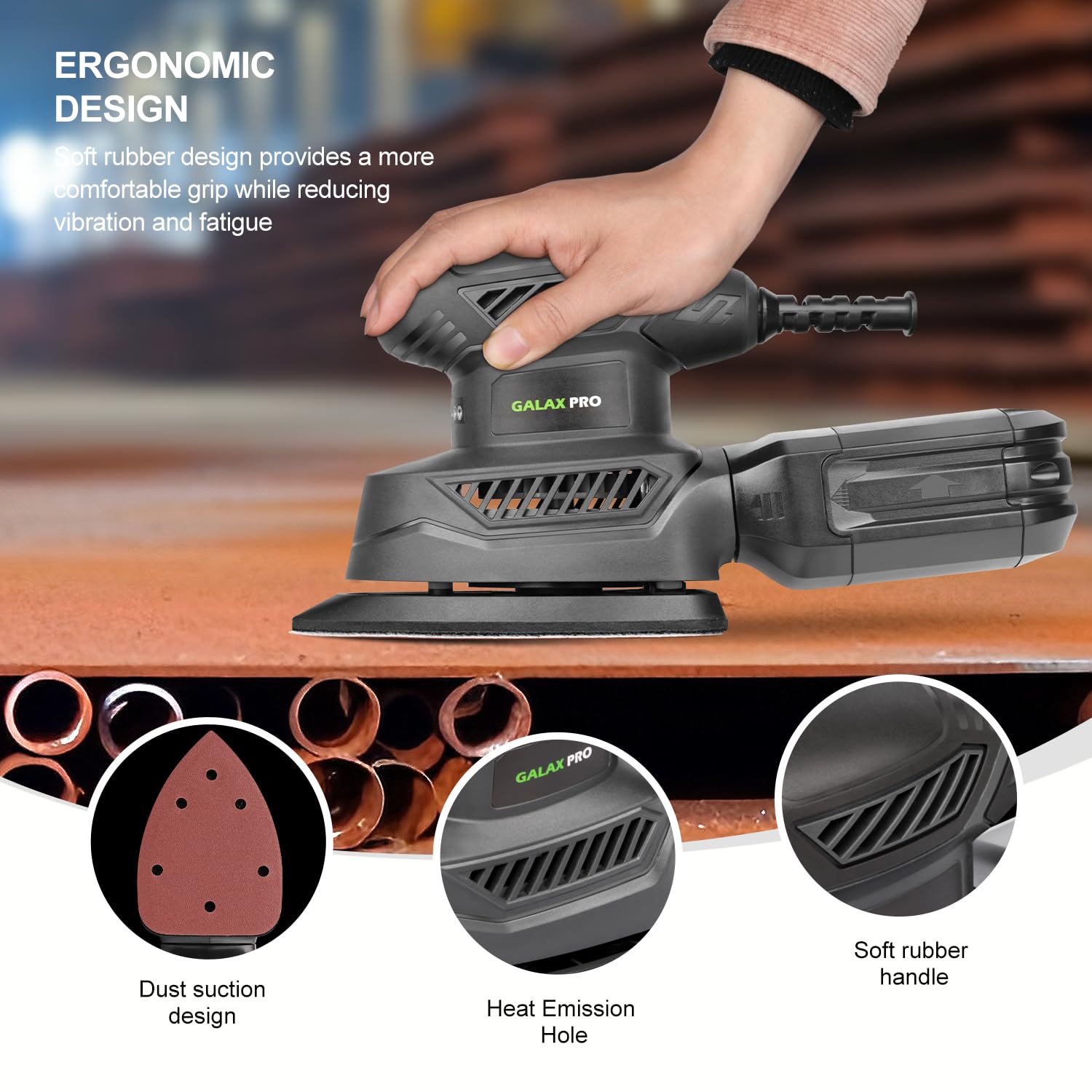 Soft grip handle on GALAX PRO Detail Sander for comfortable one-handed use.