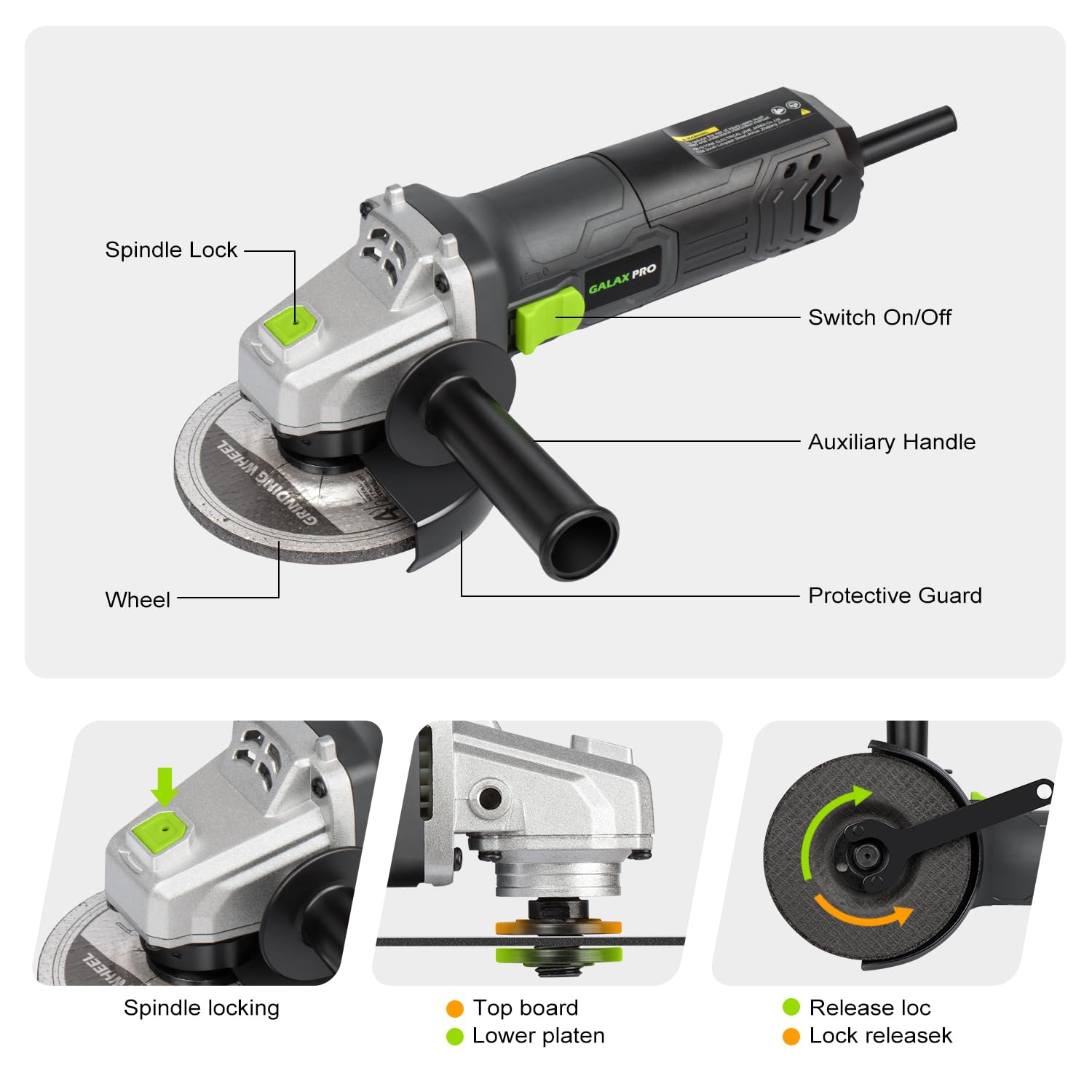GALAX PRO electric angle grinder with grinding wheel for smooth material removal