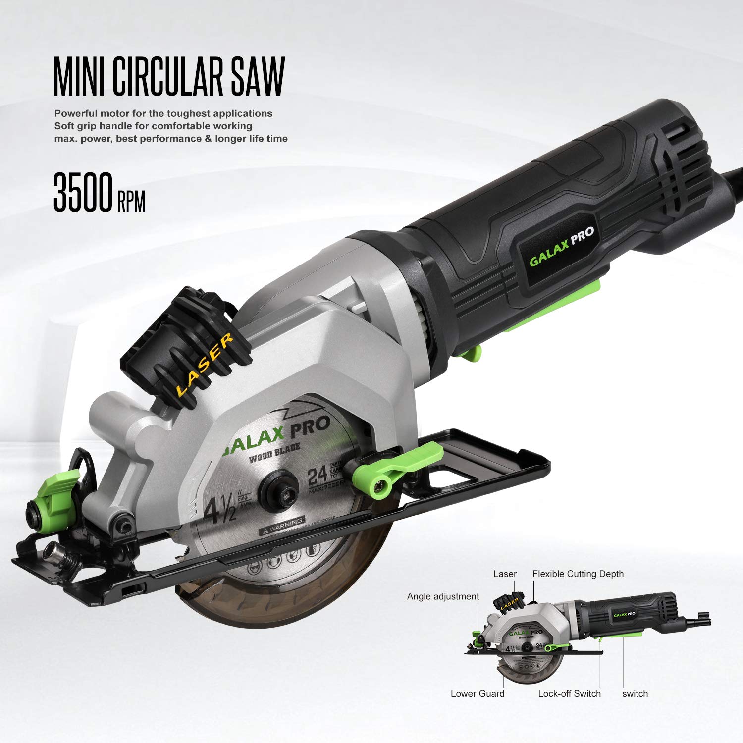 GALAX PRO mini circular saw with ergonomic handle for one-handed use.