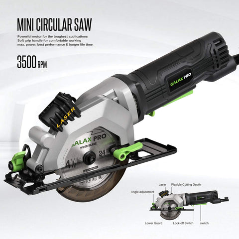 GALAX PRO mini circular saw with ergonomic handle for one-handed use.
