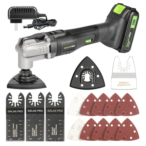 GALAX PRO Power Oscillating Tool with battery and charger enables quick cordless setup.