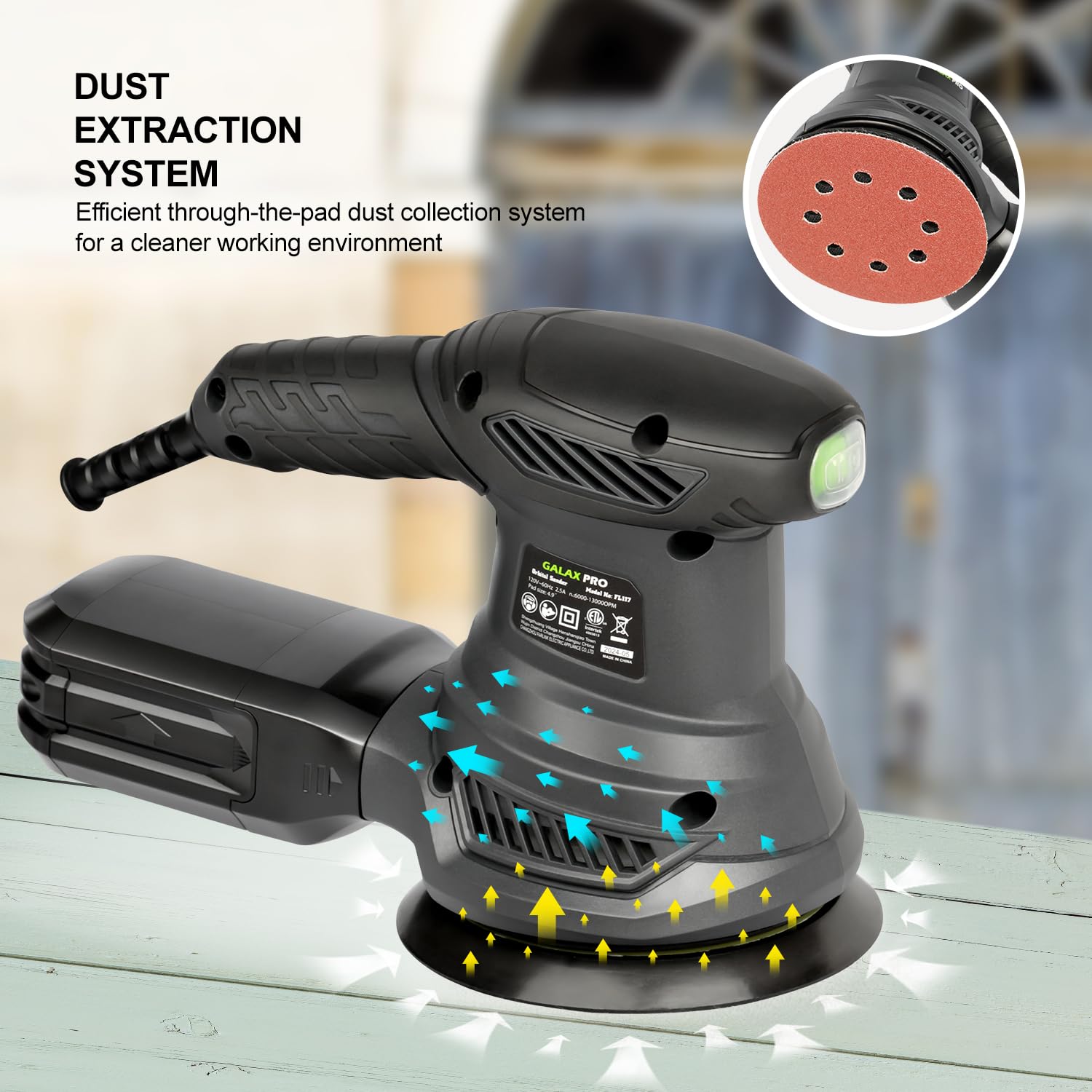GALAX PRO dust canister attached for clean sanding workflow.