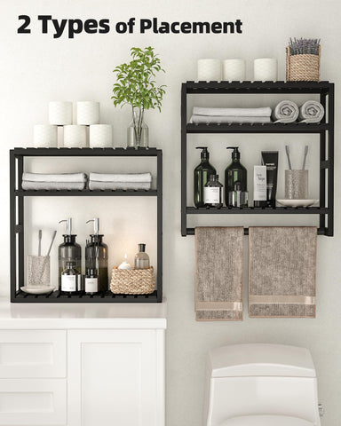 Galood bamboo wall shelf blends decor and storage in small bathrooms.