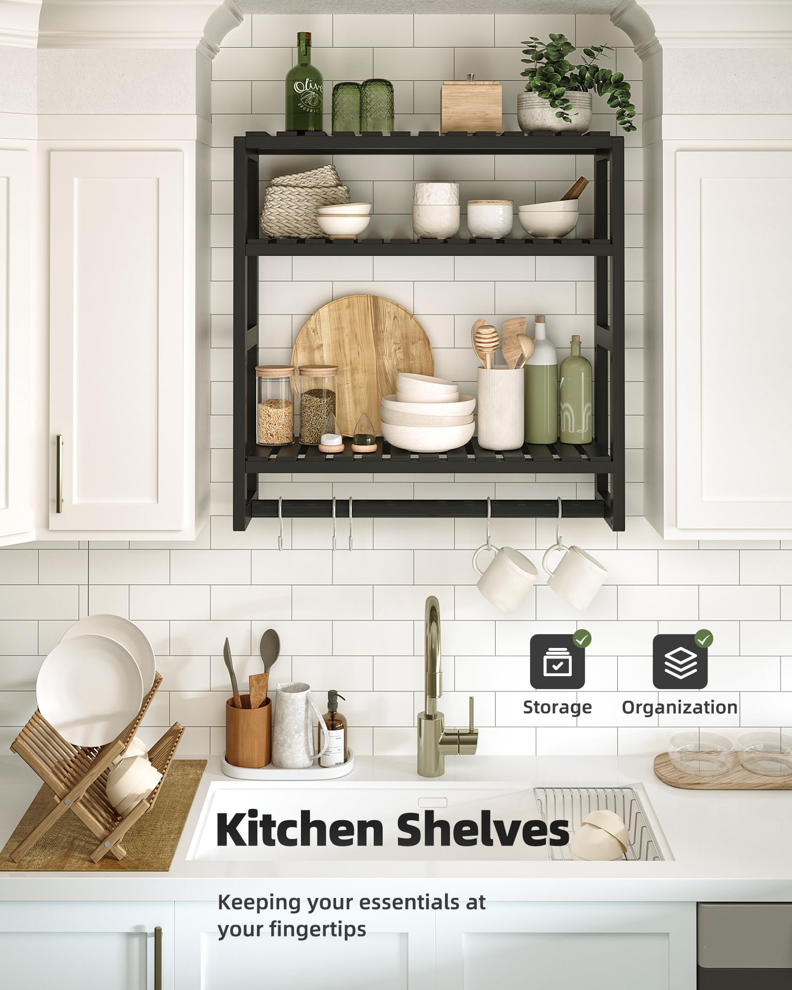 Galood countertop-decluttering solution lifts items off counters for a neater sink area.