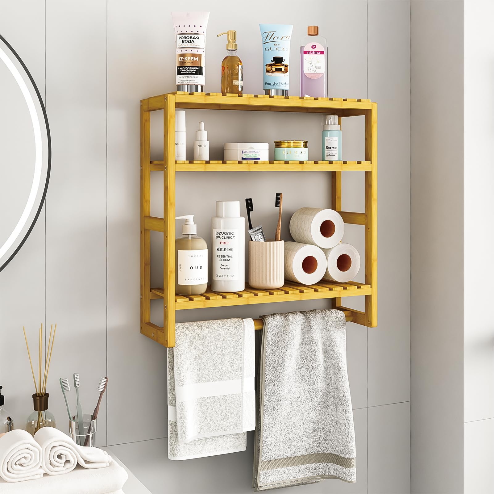 Galood wall-mounted yellow bathroom shelves maximize space in a small bath.