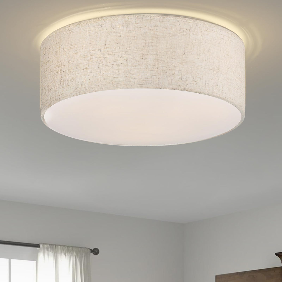 Galtlap 3-light drum ceiling light with linen shade softens brightness for cozy hallways