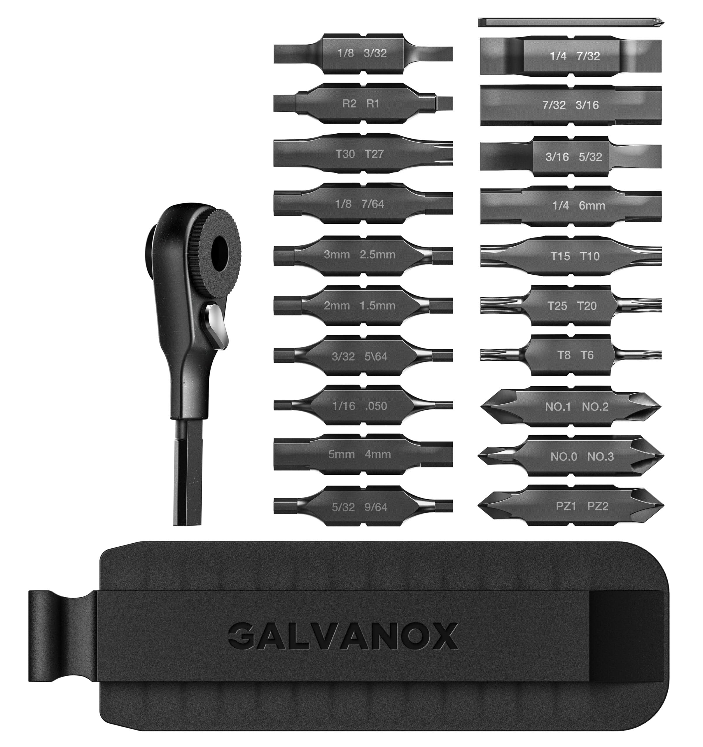 Galvanox 22pc bit kit top view for quick bit selection in Leatherman multitools.