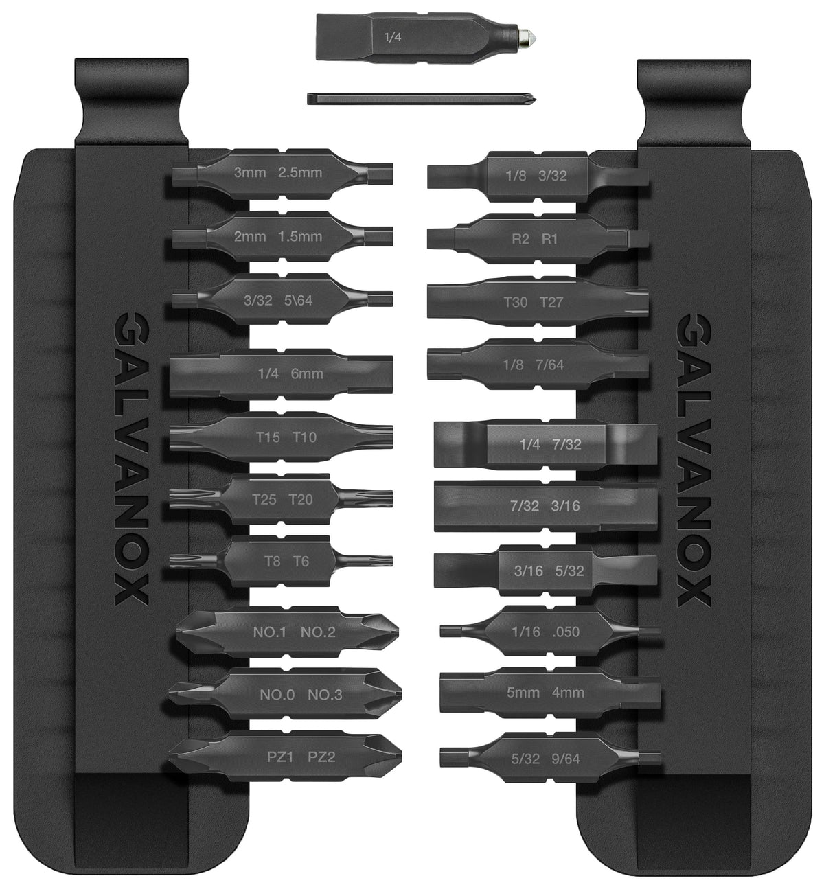 GALVANOX 22pc flat bit kit for Leatherman close-up illustrates secure fit