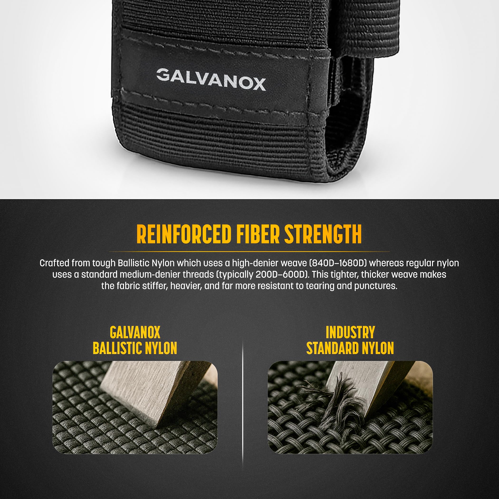 Galvanox belt loop enables hands-free carry with most belts.