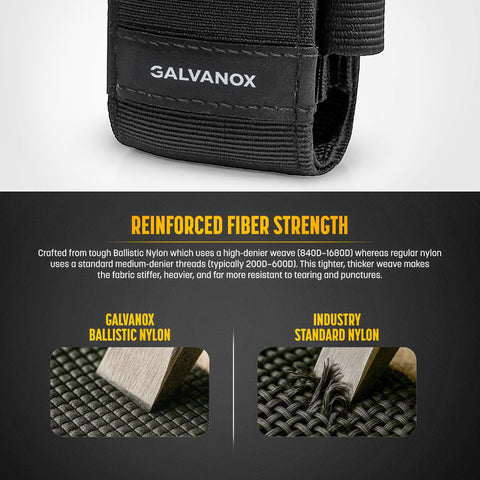 Galvanox belt loop enables hands-free carry with most belts.
