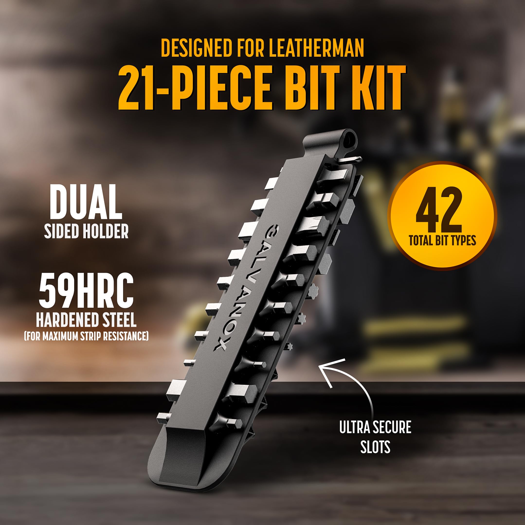 Galvanox external slots hold a bit extender, pen, or small flashlight.