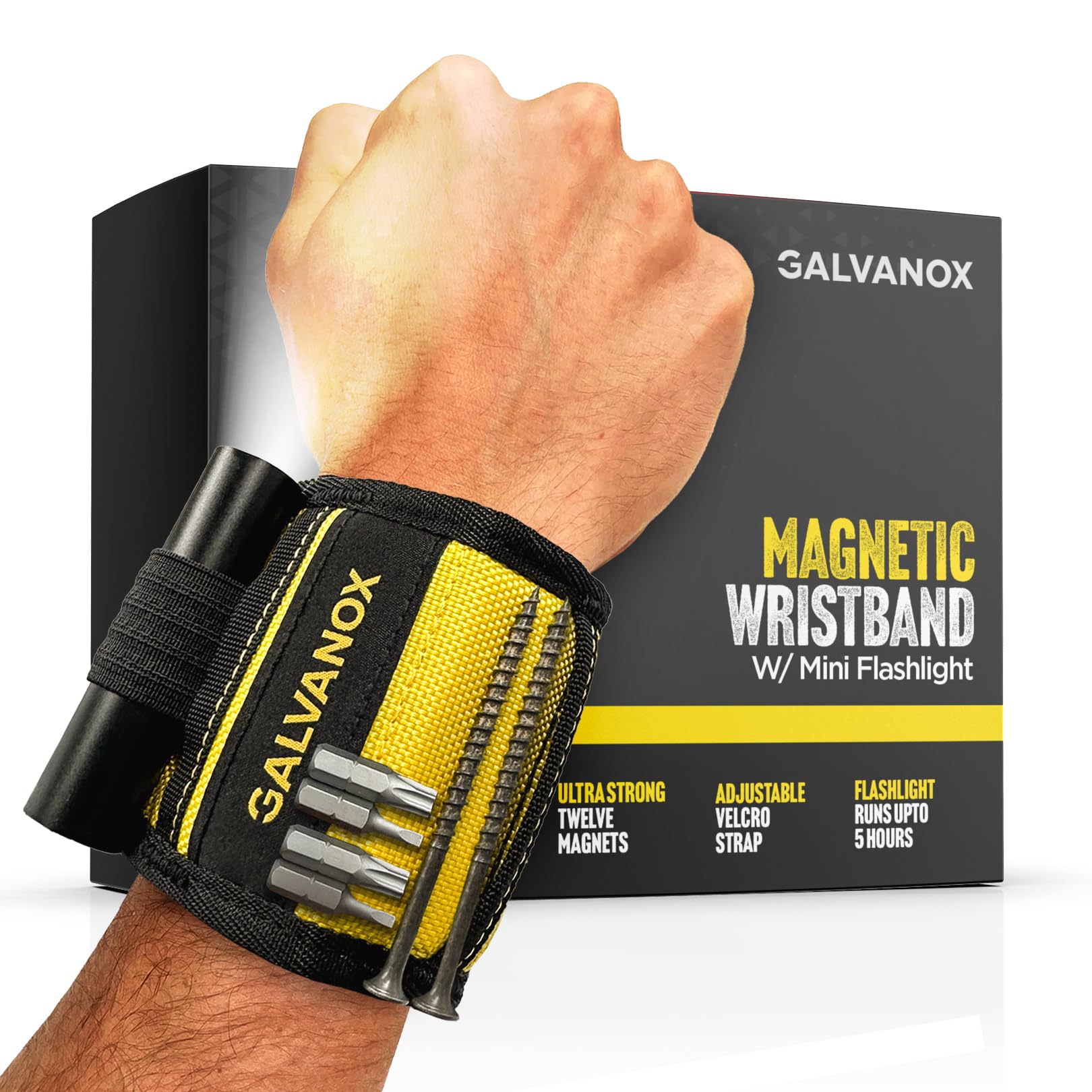 GALVANOX magnetic wristband securely holds small parts while you work hands-free.