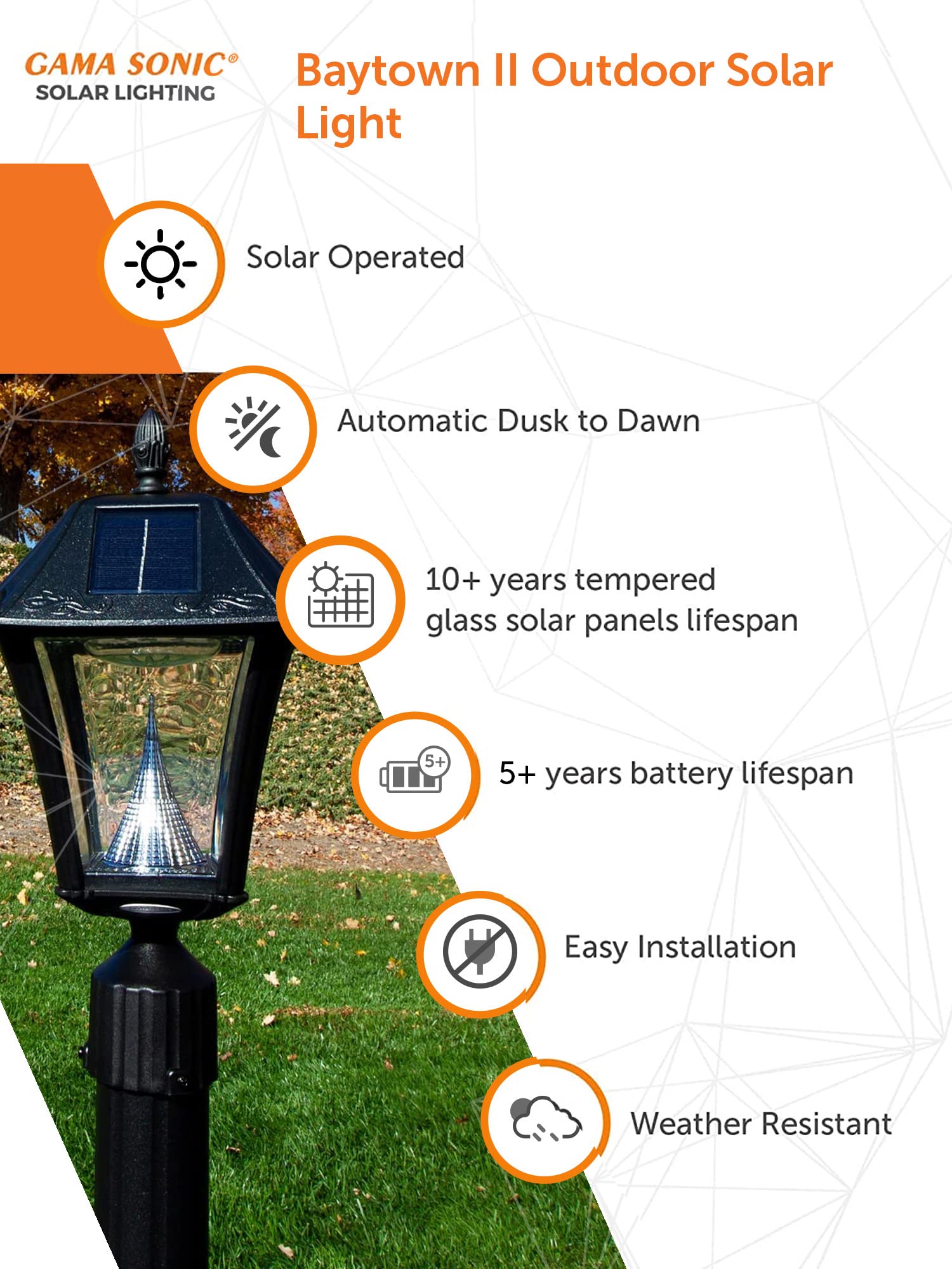Gama Sonic Baytown II wall mount provides exterior lighting on walls
