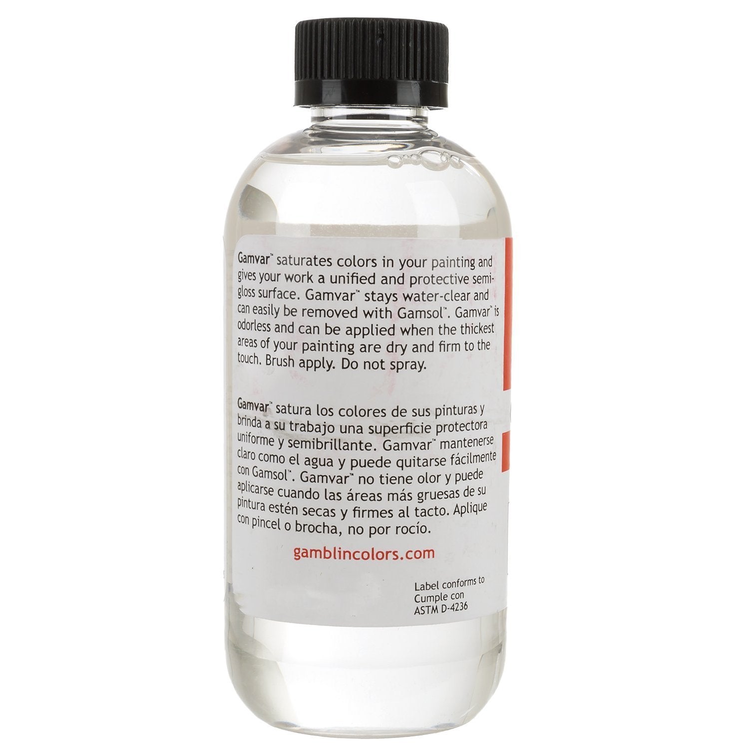 Gamblin Gamvar Picture Varnish bottle applied for fast-drying, durable gloss.