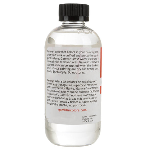 Gamblin Gamvar Picture Varnish bottle applied for fast-drying, durable gloss.