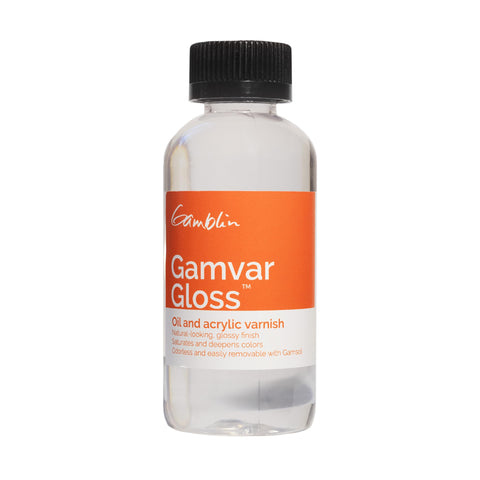 Gamblin Gamvar gloss varnish bottle for oils and acrylics, enhances depth and clarity.