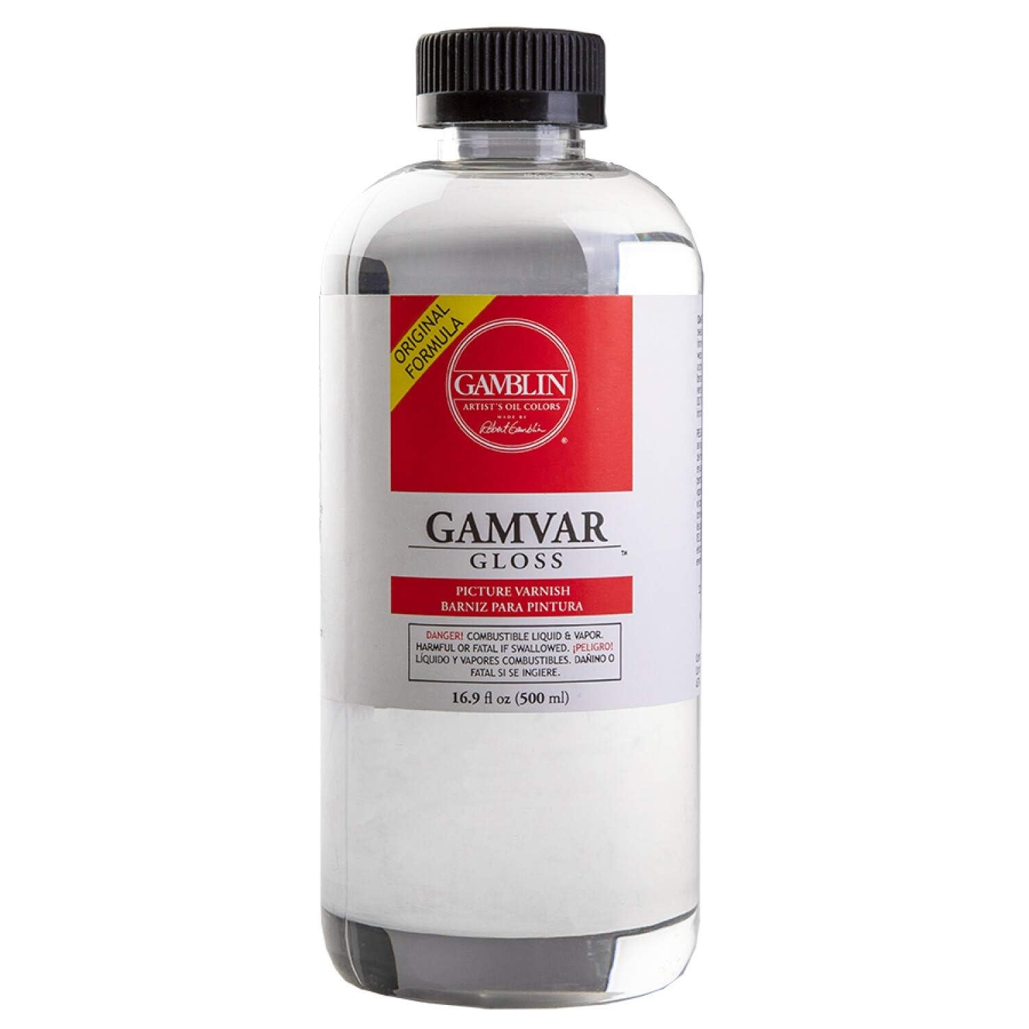 Gamblin Gamvar Pict Varnish on canvas provides water-clear gloss and removable finish with Gamsol