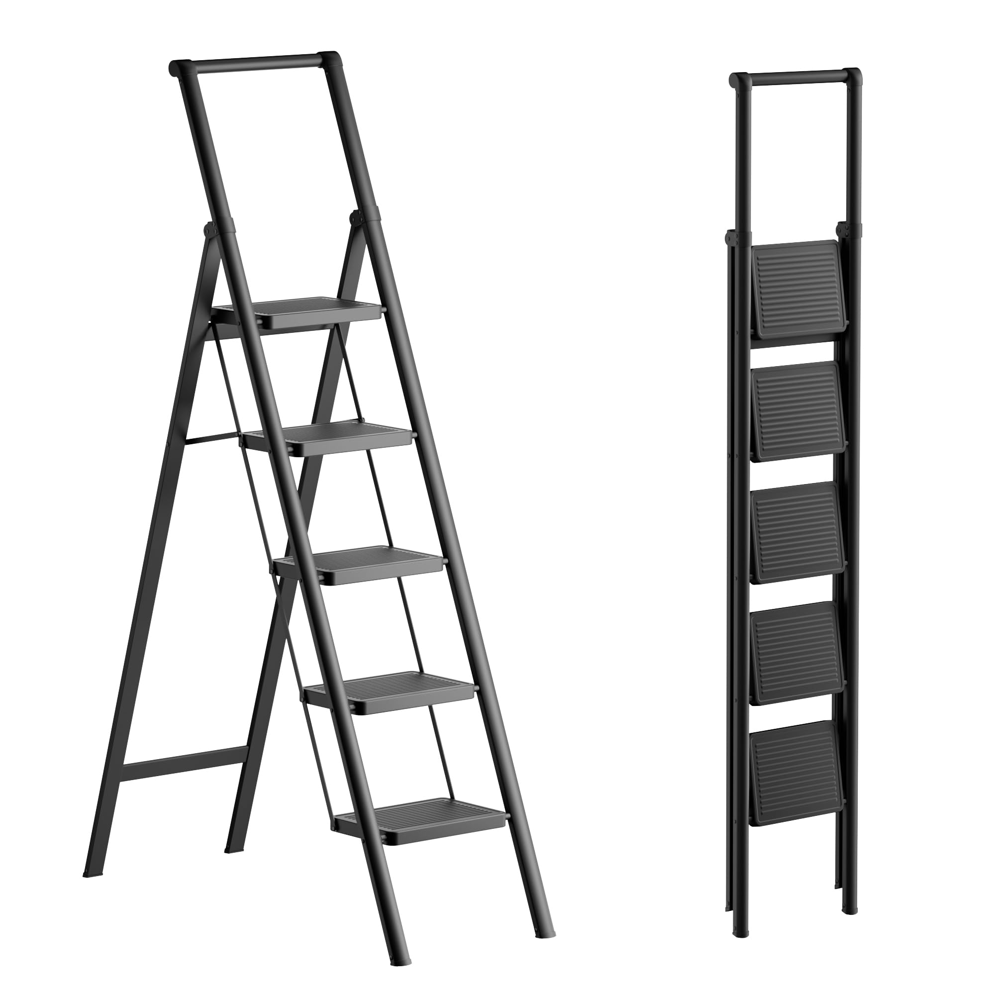 GameGem 5 Step Ladder folded closed for compact storage in a closet.