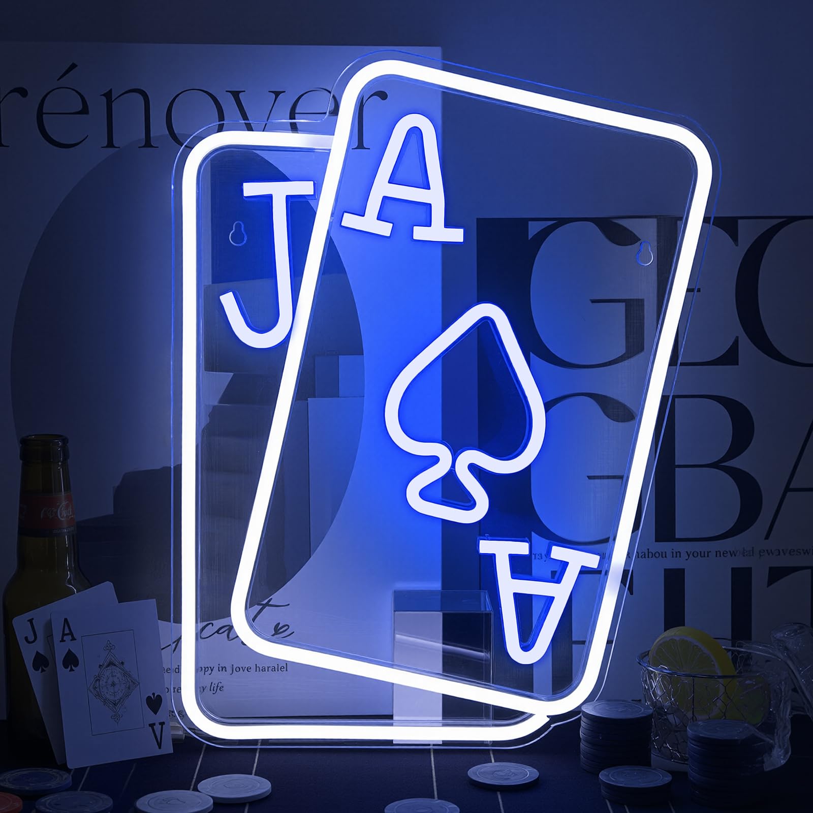 Gamerneon playing cards neon sign on wall to enhance room ambiance