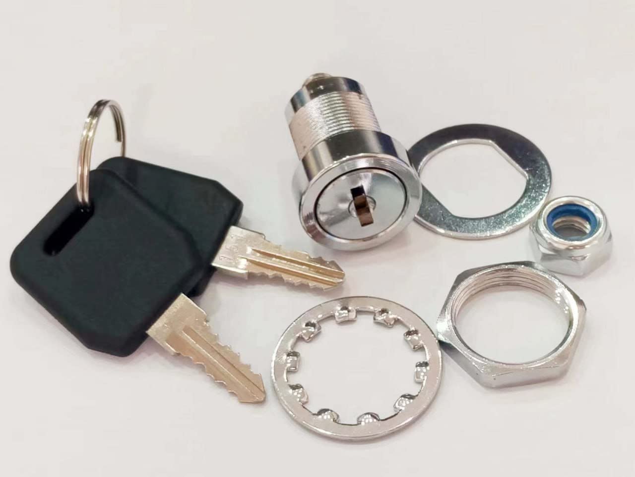 GAMES2PEOPLE Armstrong replacement lock front view showing chrome finish for Stack-On cabinets