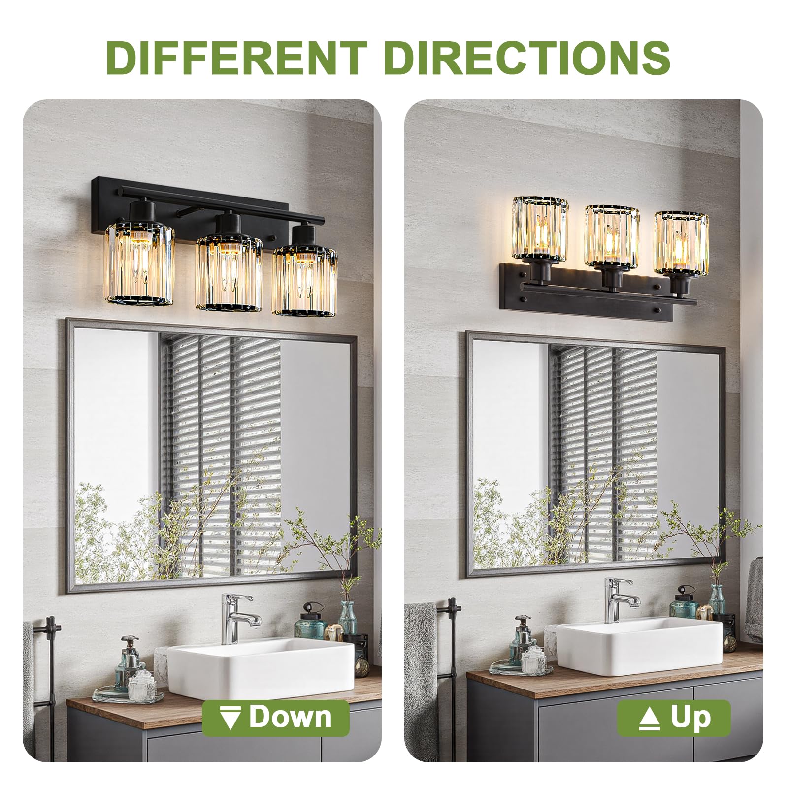 GAMTUE vanity light mounted up or down to fit mirror arrangements
