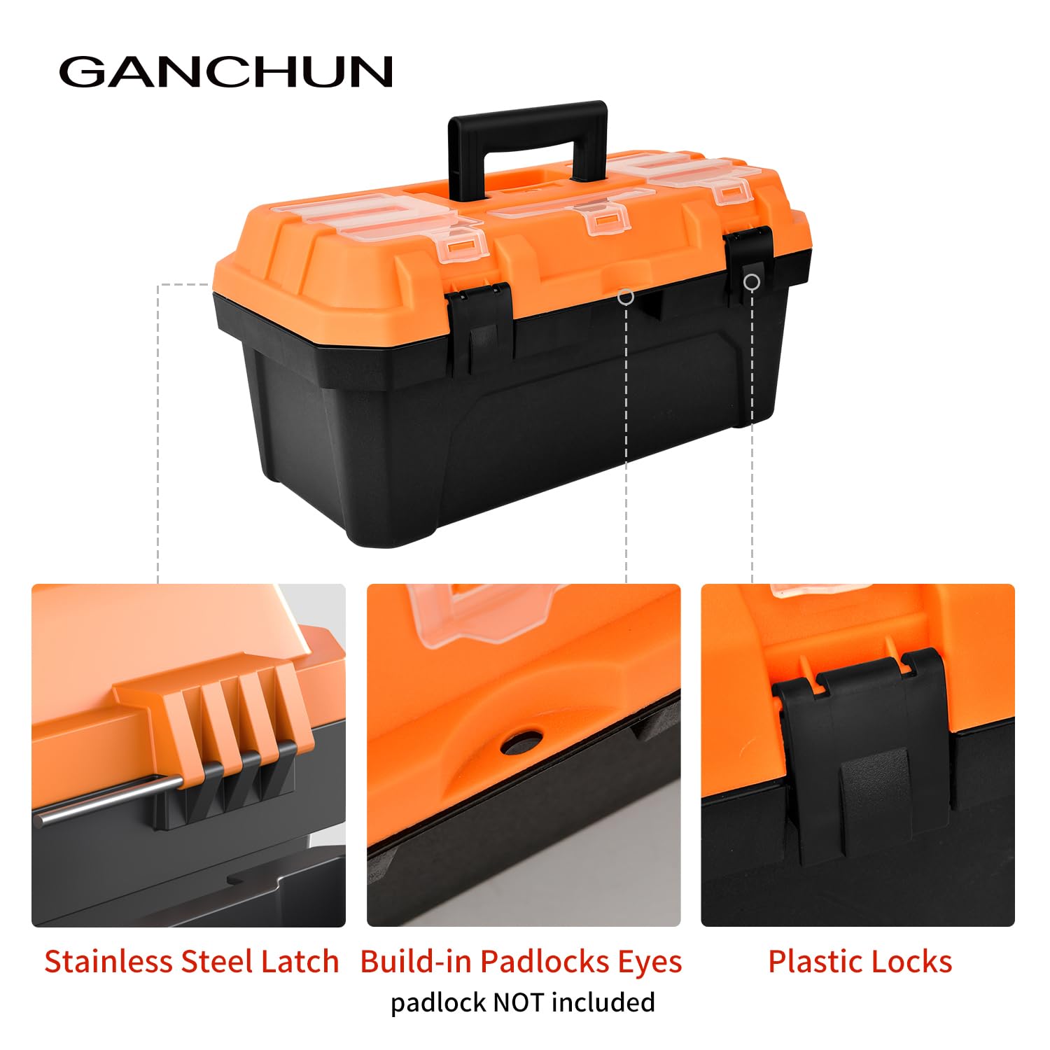 GANCHUN toolbox safety features include stainless steel latches and secure locks.