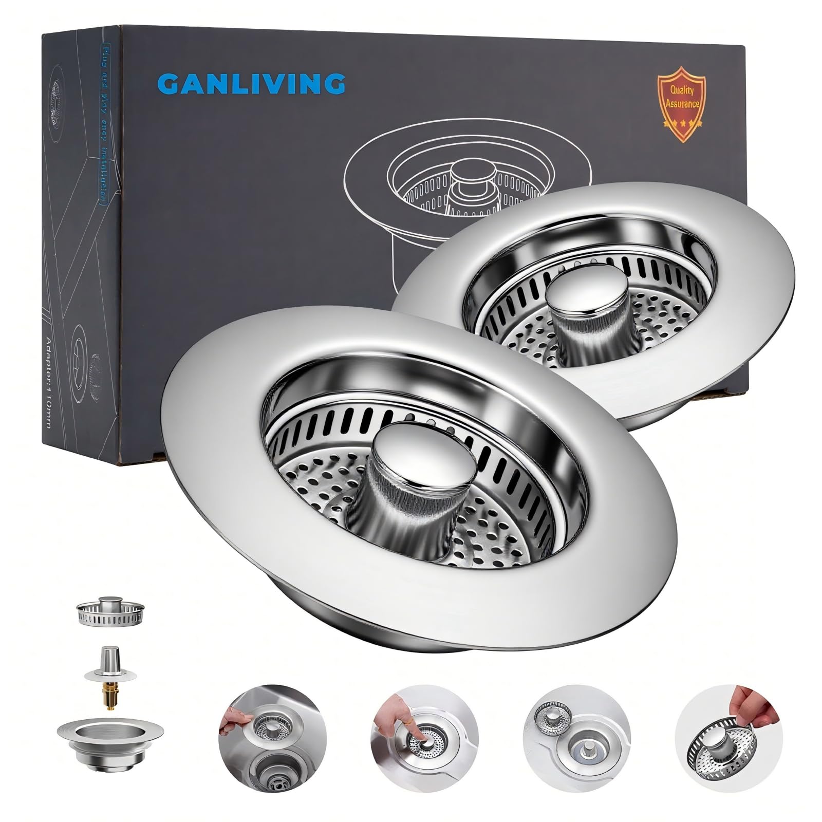 Ganliving 2Count 3in1 drain strainer in action for efficient draining and debris capture.