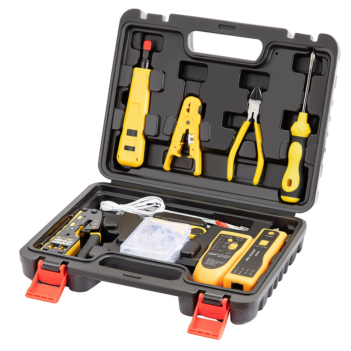 Gaobige RJ45 crimp tool in hand for quick pass-through connector work.