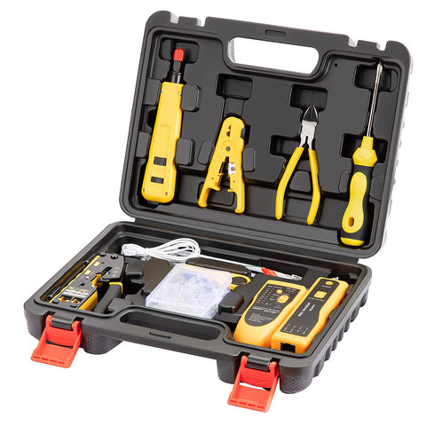 Gaobige RJ45 crimp tool in hand for quick pass-through connector work.