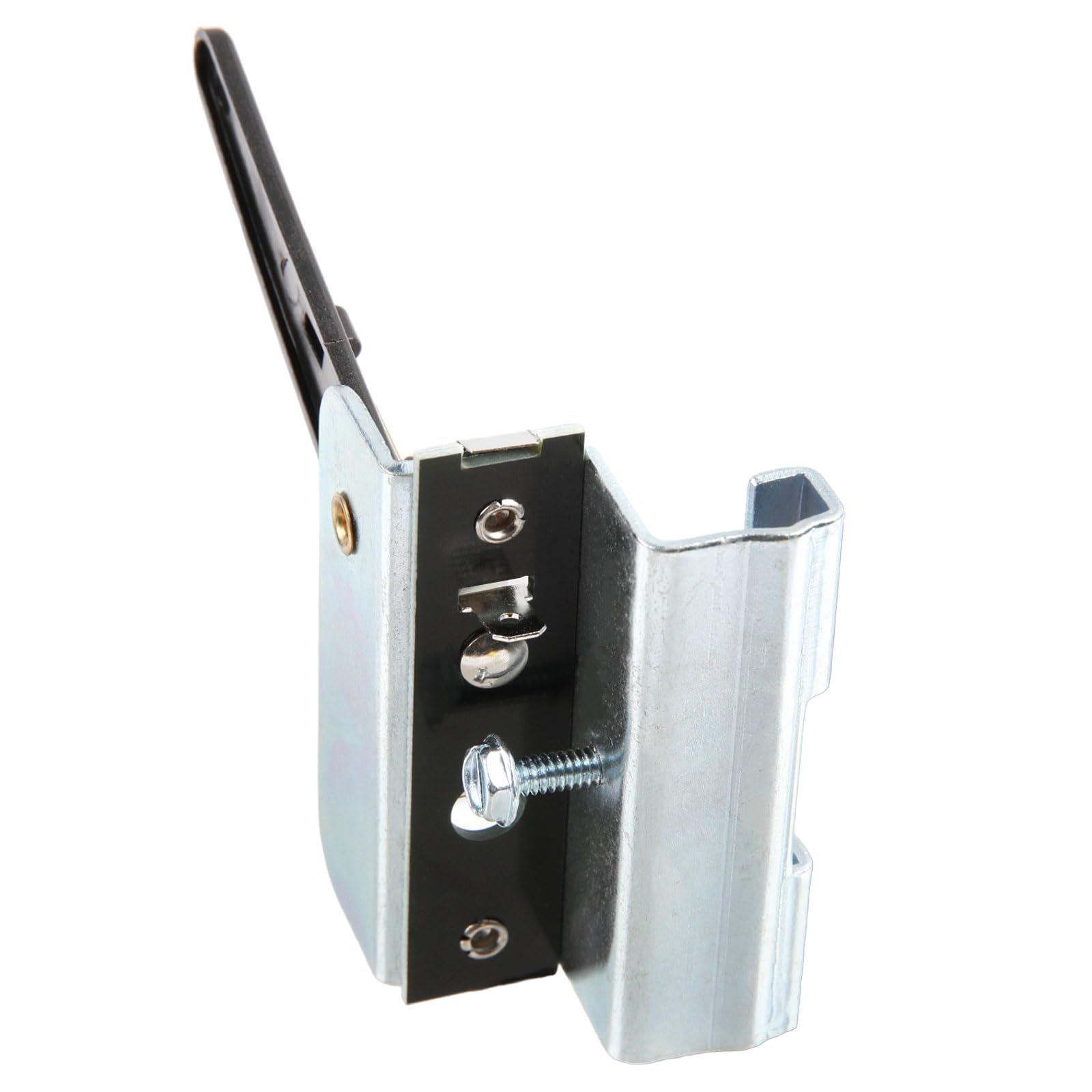 Garage Outlet limit switch on screw-drive rail demonstrating compatibility with Genie units.