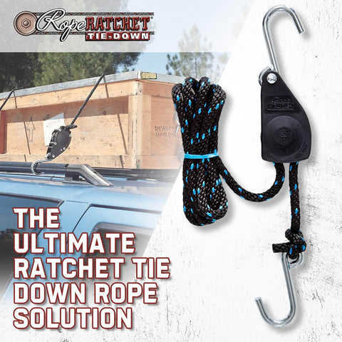 Garage pulley lift setup using Rope Ratchet for secure gear elevation.