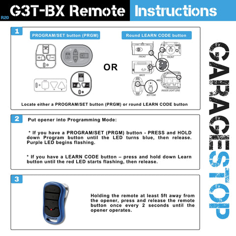GARAGE STOP 2X Genie Intellicode remote pressable buttons for streamlined garage operation.