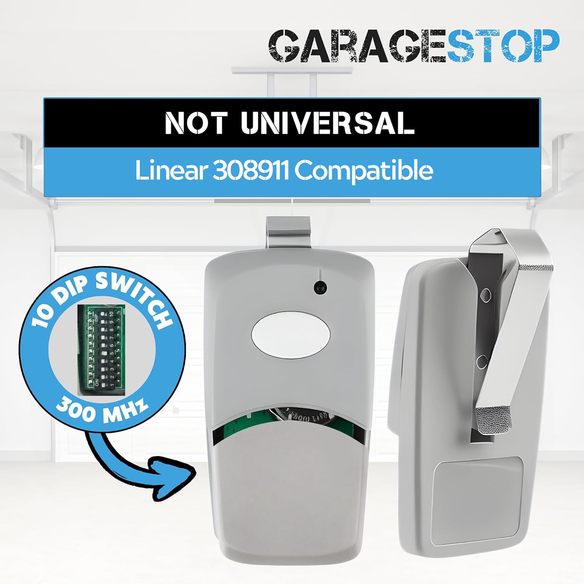 GARAGE STOP 2X Multicode 308911 remote visor clip in-use for hands-free operation.