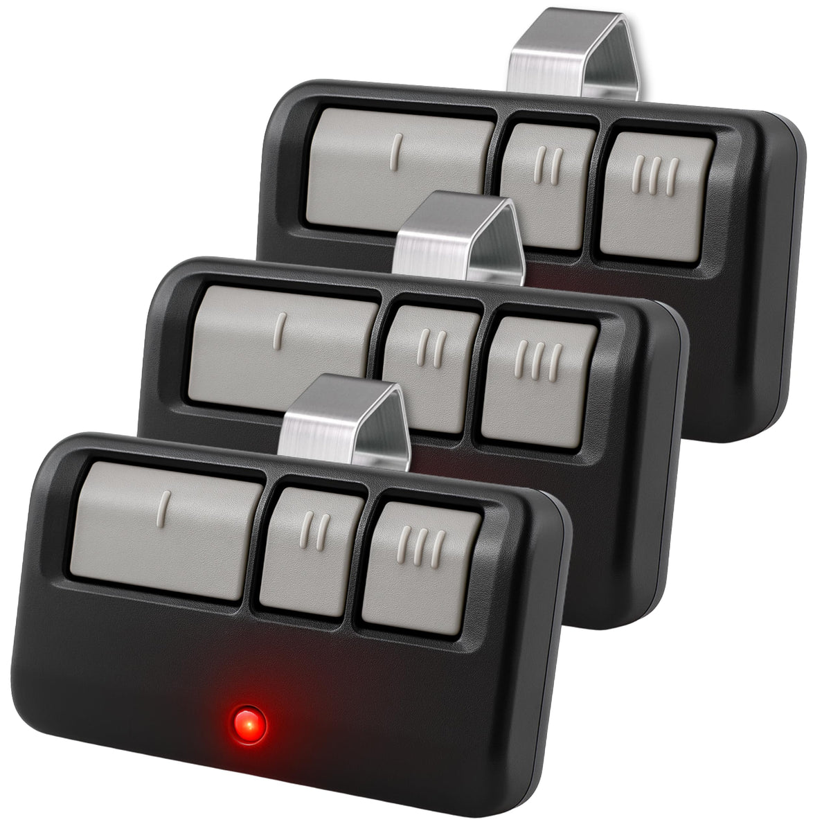 GARAGE STOP 3X universal remote compatible with Chamberlain, LiftMaster, and Craftsman for easy replacement.