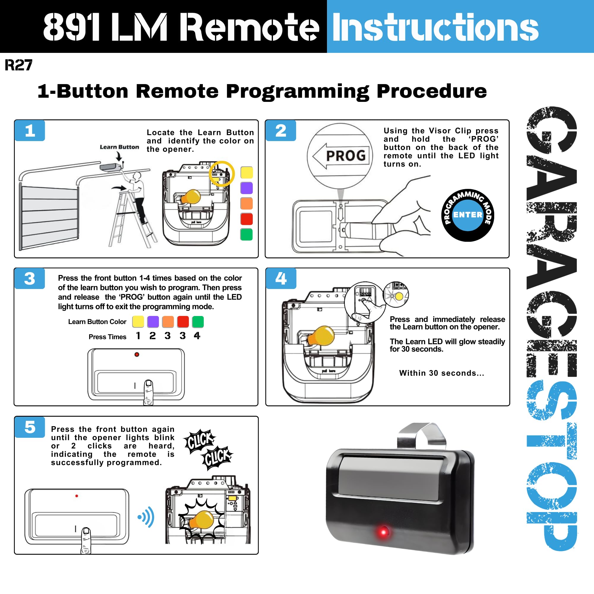 Garage Stop 891LM remote in package with CR2032 battery included.