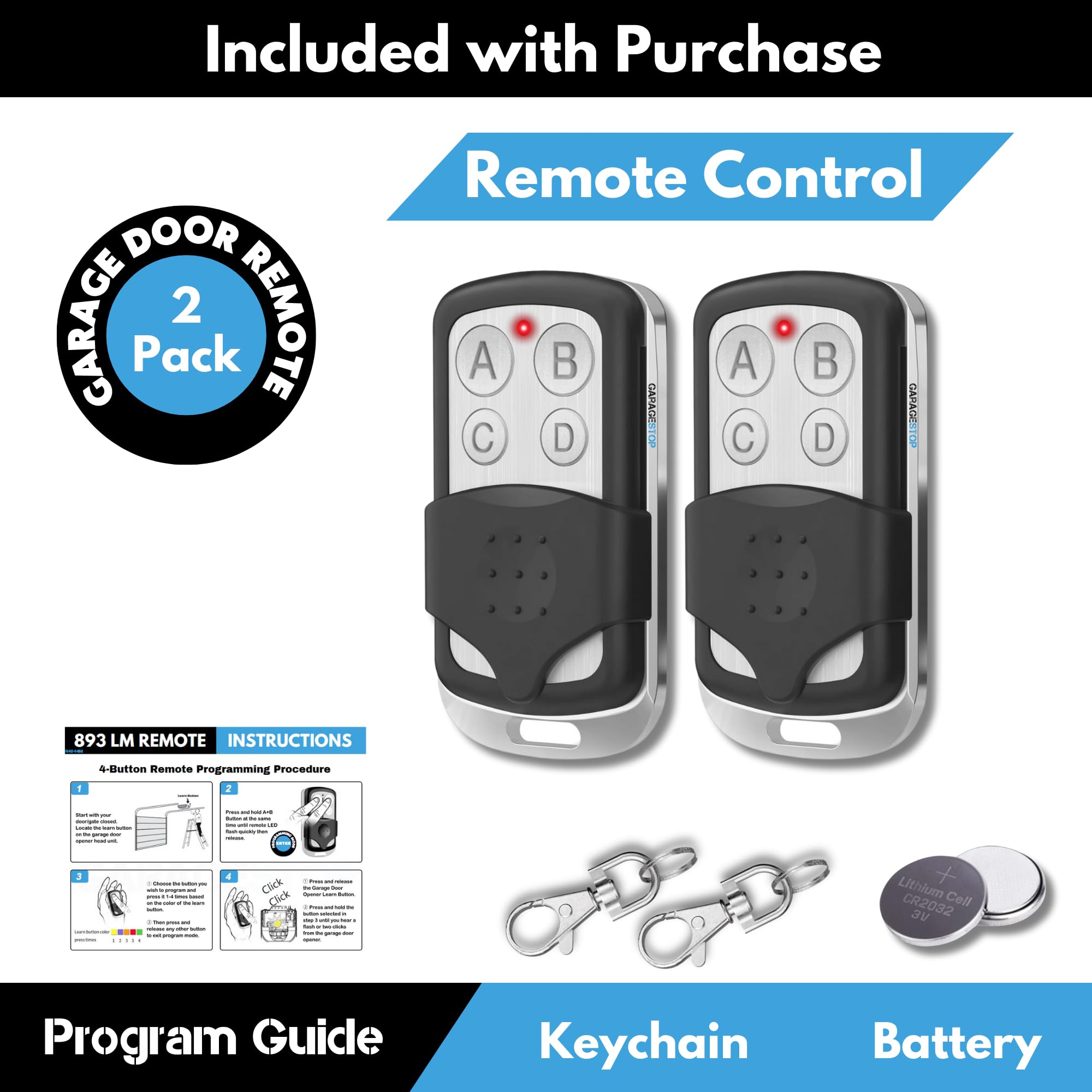 Included kit with battery, visor clip, and keychain for quick setup.