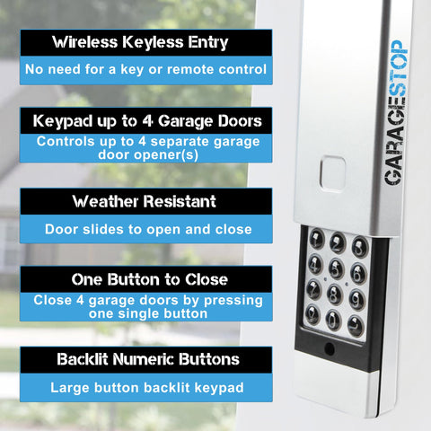 M13-631 keypad demonstrates control for four garage doors in a multi-door setup.