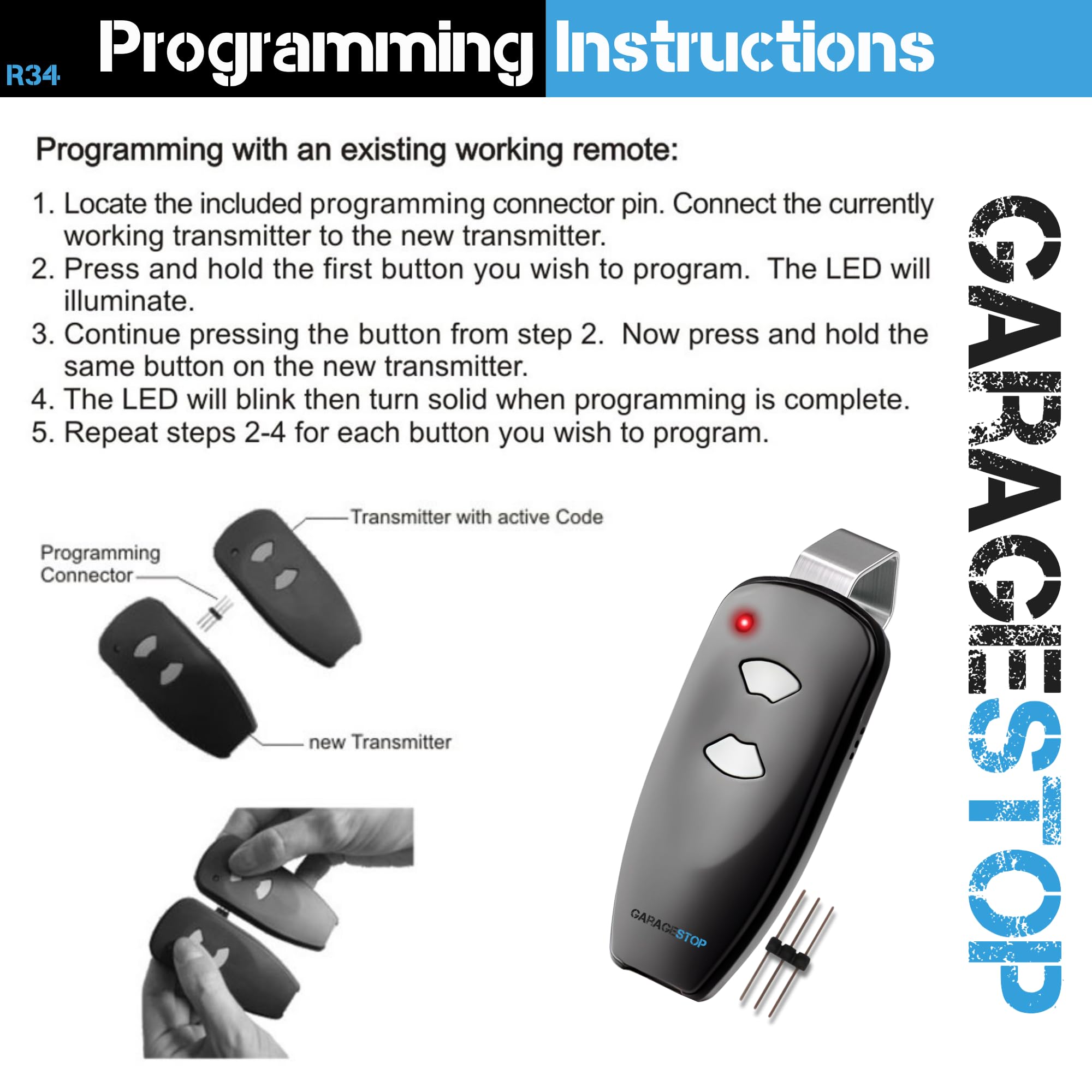 Programming pin shown enabling seamless code transfer for Marantec remote
