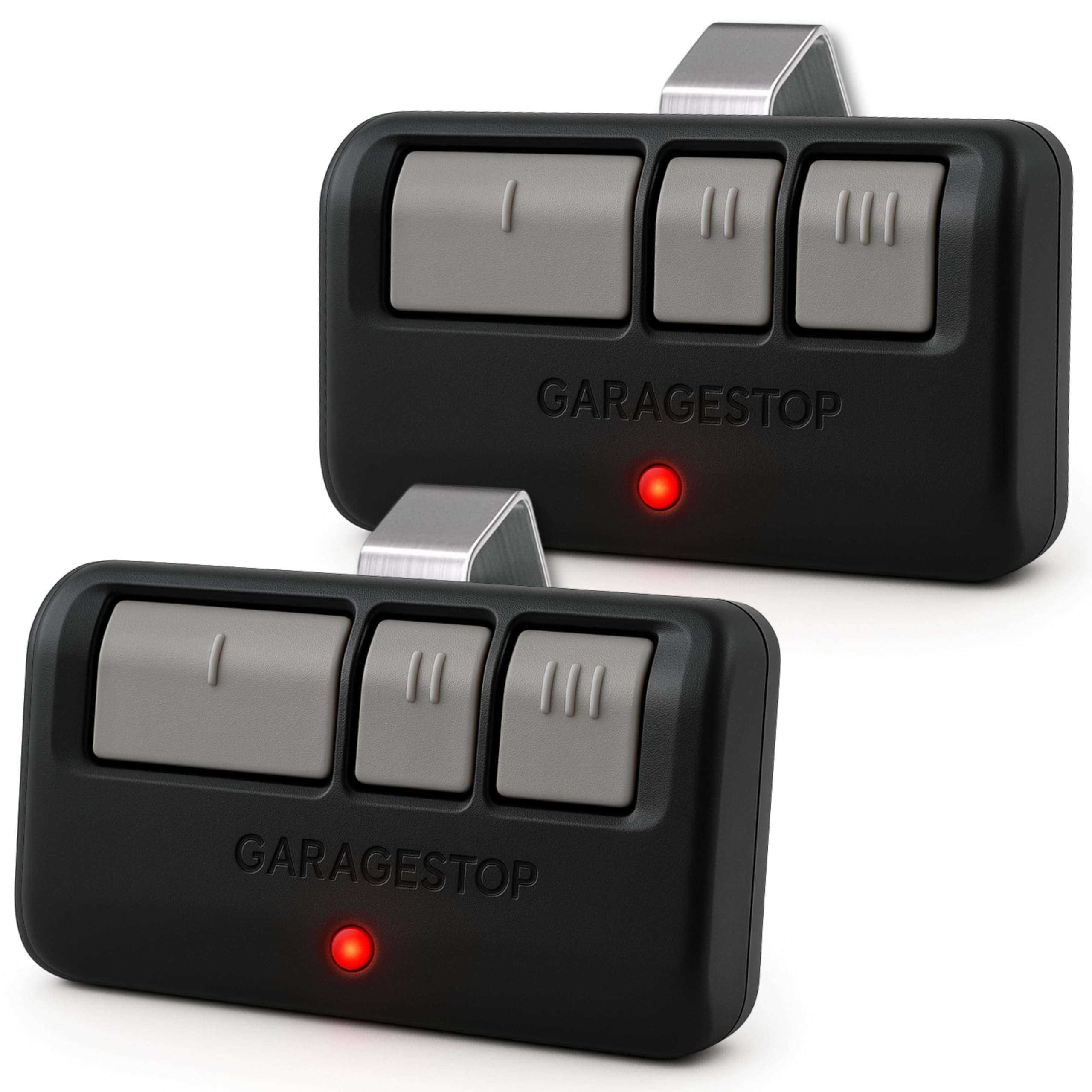 Garage Stop remote 3-button front view enables multi-door control.