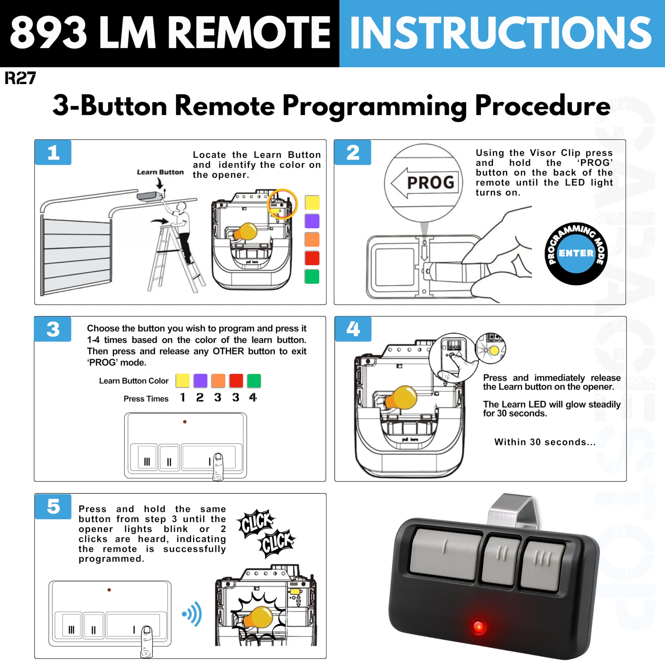 Garage Stop remote packaging shows battery included and ready-to-use kit.