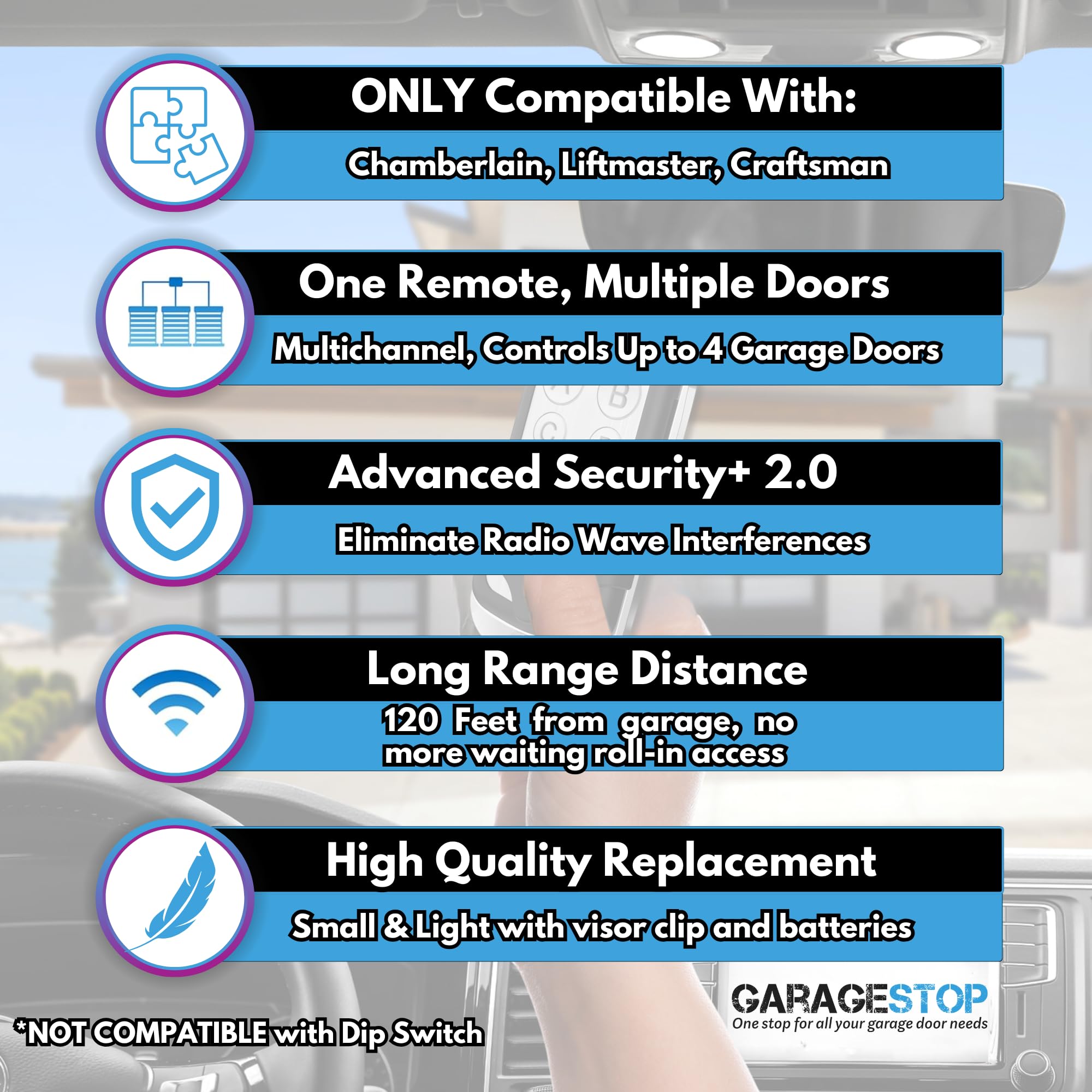 Garage Stop Security 2.0 rolling codes prevent interference and unauthorized access.