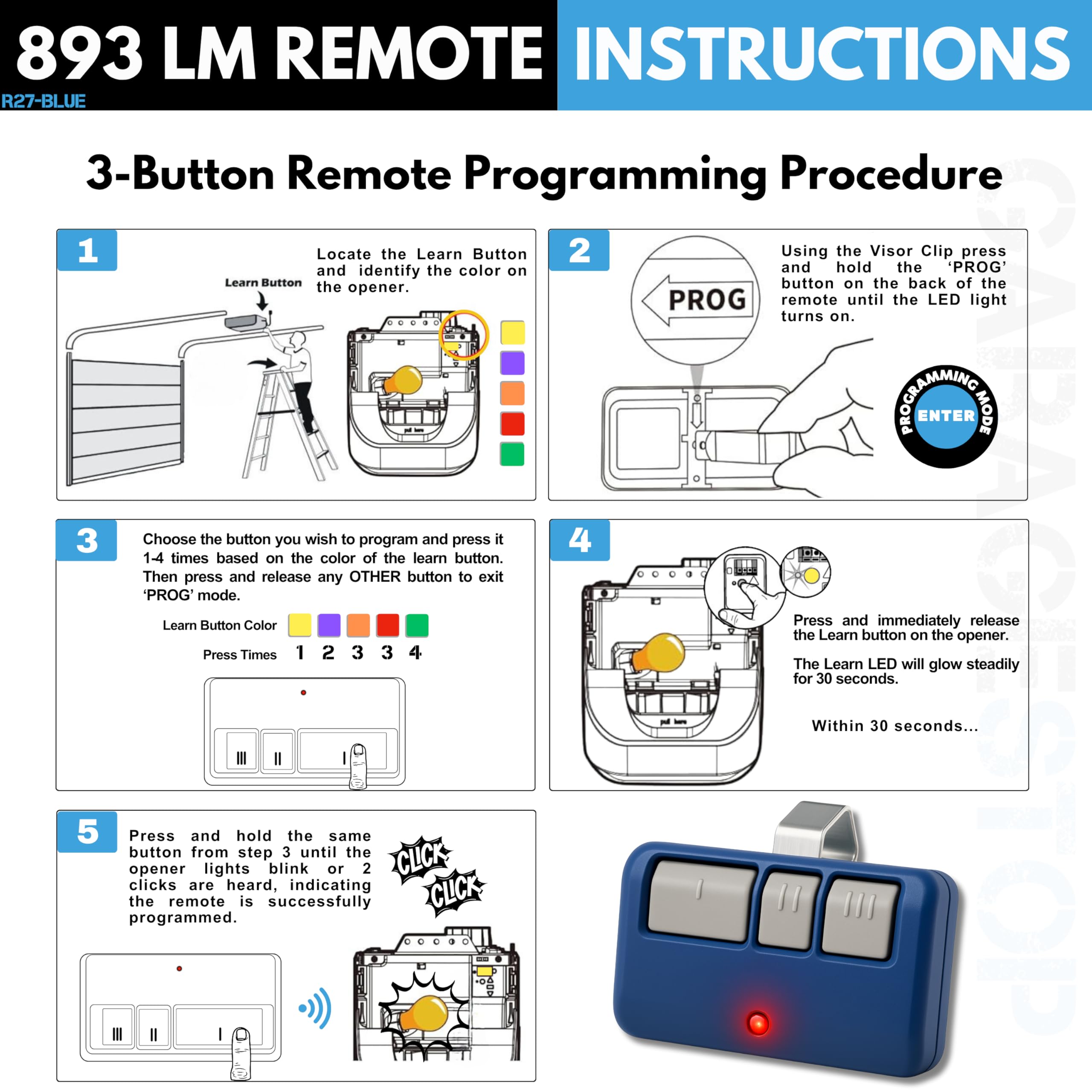 Garage Stop blue remote uses Security+ 2.0 rolling code for secure operation.